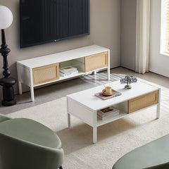 HAOYYE Rattan TV Cabinet with Adjustable Shelf and Variable Color Light Strip, Double Sliding Doors for Storage, Metal Legs, Durable and Space-Saving, Modern TV Console for Living Room, White