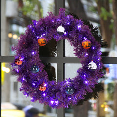 HAOYYE 24in Pre-Lit Halloween-Themed Christmas Wreath with 50 Purple and Orange LED Lights, 100 PVC Tips, and DIY Ball Ornaments, Lighted Artificial Xmas Wreath for Front Door, Gate, Wall, and Holiday Party Decorations