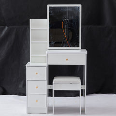 HAOYYE Compact Left-Side Bedside Vanity Table With Sliding Mirror, Cushioned Stool, Multi-Layer High-Capacity Storage, Modern Dresser for Small Spaces, EPA, GCC, UL Certified