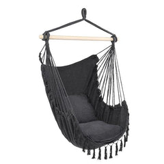 Haoyye Tassel Hanging Chair with Pillow Hammock Style Swing Seat with Decorative Fringe Comfortable Cotton Canvas Lounge Chair for Indoor Outdoor Use Ideal for Porch Balcony Backyard Garden Patio Relaxation