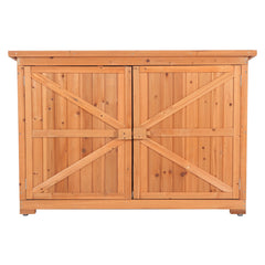 HAOYYE Double Doors Fir Wood Outdoor Storage Cabinet with Lock, Weatherproof Garden Shed Locker for Tools and Patio Supplies, Vertical Organizer Unit with Shelves for Backyard, Porch, or Balcony Use Orange Red