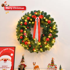 HAOYYE Pre-Lit Battery Powered Christmas Wreath with 80 Warm White LED Lights, 270 PVC Tips and 18 DIY Ornaments, Lighted Artificial Xmas Decoration for Front Door, Gate, Wall, Holiday Party, Festive Indoor and Outdoor Display
