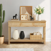 HAOYYE Natural Wood Boho Style Rattan Console Table with 3 Drawers and Open Storage Shelf, Narrow Entryway Sofa Table for Hallway Foyer Behind Couch, Rustic Farmhouse Accent Table