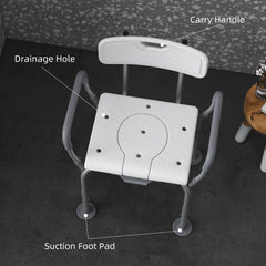 HAOYYE White Shower Chair with Removable Bucket and Drainage Holes, Adjustable Height Bath Seat with Padded Armrest Backrest Suction Feet, Tool-Free Assembly for Bathroom Safety and Support
