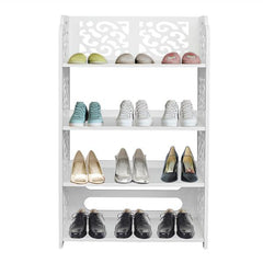 HAOYYE Wood-Plastic Four-Tier Shoe Rack, White, Durable Space-Saving Organizer, Modern Design, Versatile Use, Premium Quality Storage Solution, Stylish Look for Living Room, Bedroom, or Entryway, Ideal for Storing Shoes, Bags, and Home Essentials.