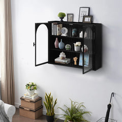 HAOYYE 27.56"Glass Doors Modern Two-door Wall Cabinet with Featuring Three-tier Storage for Entryway Living Room Bathroom Dining Room,Wall Cabinet with Characteristic Woven Pattern,Black Sturdy Space-Saving