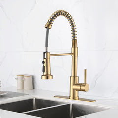 HAOYYE Pull Down Sprayer Spring Kitchen Sink Faucet Brushed Gold Sturdy Space-Saving Heavy Duty Modern Design Adults Dorm Room Easy Assembly Bedroom Furniture