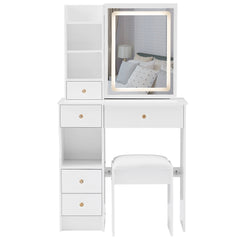 HAOYYE Small Left Drawer Desktop Vanity Table with Cushioned Stool, Touch Control Sliding LED Mirror, Tri-Color Lighting, Brightness Adjustment, Multi-Layer Storage, Ideal for Small Spaces