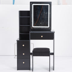 HAOYYE Small Size Left Bedside Cabinet Vanity Table + Cushioned Stool, Touch Control Sliding LED Mirror, Tri-color Switching, Brightness Adjust, Multi Layer, Suitable for Small Space, EPA,GCC,UL Certificate