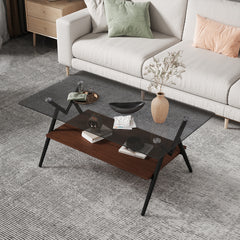 HAOYYE Rectangle Coffee Table with Tempered Glass top and Brown MDF Shelf, Modern Table for Living Room, Gray Glass Sturdy Space-Saving Heavy Duty Modern Design Adults Dorm Room Easy Assembly