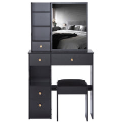 HAOYYE Small Size Left Drawer Desktop Vanity Table + Cushioned Stool, Extra Large Sliding Mirror, Multi Layer, High Capacity Storage Fashionable Dresser, Suitable for Small Space, EPA,GCC,UL Certificate