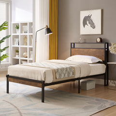 HAOYYE Twin Size Metal Platform Bed Frame with Wooden Headboard and Footboard with USB LINER, No Box Spring Needed, Under Bed Storage, Easy Assemble Sturdy Space-Saving Heavy Duty Modern Design Durable