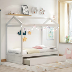HAOYYE House Bed with Trundle, can be Decorated,White(Old SKU:SM000103AAK) Sturdy Space-Saving Heavy Duty Modern Design Adults Dorm Room Easy Assembly Bedroom Furniture