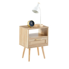 HAOYYE Rattan End Table with Power Outlet & USB Ports, Modern Nightstand with Drawer and Solid Wood Legs, Natural, Sturdy Space-Saving Design, Heavy Duty Construction, Stylish and Durable Home Furniture for Living Room or Bedroom