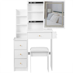 HAOYYE Small Size Left Bedside Cabinet Vanity Table + Cushioned Stool, 2 AC+2 USB Power Station, Hair dryer bracket, Extra Large Touch Control Sliding LED Mirror, Tri-color Switching, EPA,GCC,UL Certificate