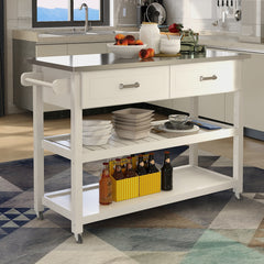 HAOYYE Kitchen Cart with Stainless Steel Tabletop, Two Drawers, and Storage Shelves, White, Sturdy Space-Saving Design, Heavy Duty Construction, Easy Assembly, Durable and Stylish Home Furniture