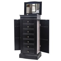 HAOYYE Jewelry Armoire with Mirror, 7 Drawers, 24 Necklace Hooks, and 2 Side Swing Doors, Elegant Black Finish, Large Storage Organizer for Jewelry, Accessories, and More, Stylish and Functional Design for Bedroom or Dressing Room