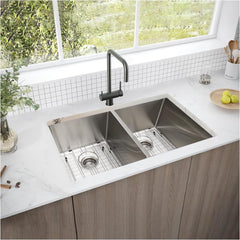 HAOYYE 32" L X 19" W Undermount Double Bowl 16 Gauge 304 Stainless Steel Kitchen Sink (Sink Only) Sturdy Space-Saving Heavy Duty Modern Design Adults Dorm Room Easy Assembly Bedroom Furniture