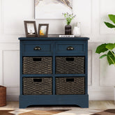 HAOYYE Rustic Storage Cabinet with Two Drawers and Four Classic Rattan Baskets for Dining Room, Entryway, or Living Room, Antique Navy, Sturdy Space-Saving Design, Heavy Duty Construction, Easy Assembly, Durable and Stylish Home Furniture
