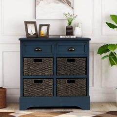 HAOYYE Rustic Storage Cabinet with Two Drawers and Four Classic Rattan Baskets for Dining Room, Entryway, or Living Room, Antique Navy, Sturdy Space-Saving Design, Heavy Duty Construction, Easy Assembly, Durable and Stylish Home Furniture