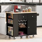 HAOYYE Kitchen Island with Power Outlet, Drop Leaf, Rubber Wood Top, Wine Rack, and Adjustable Storage. Black Kitchen Storage Island on Wheels, Ideal for Home, Kitchen, and Dining Room