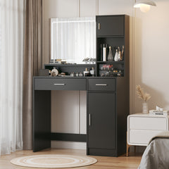 HAOYYE Vanity Desk with Mirror and LED Light Strip, Dressing Table with Large Drawer and Three-Level Storage, Black, Sturdy Space-Saving Design, Adjustable Brightness in Three Lighting Modes, Durable and Stylish Home Furniture