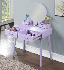 HAOYYE Liannon Contemporary Wood Vanity and Stool Set, Purple Makeup Vanity Table with Storage Drawers, Elegant Dressing Table with Round Mirror and Cushioned Stool, Stylish Compact Vanity Desk for Bedroom, Apartment, or Makeup Room