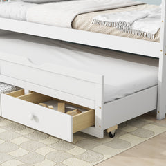 HAOYYE Twin Bed with Headboard, Footboard, Trundle and Storage Drawers, Pine Wood Twin Size Bed, White, Sturdy Space-Saving Heavy Duty Construction, Ideal for Adults and Dorm Rooms