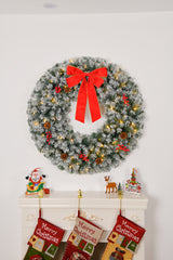 HAOYYE Pre-Lit Christmas Wreath with Remote Battery Powered Warm Lights Snow Flocked Artificial Xmas Wreath with 180 PVC Tips and Decorative Ornaments for Front Door Wall Gate Porch Holiday Party Décor