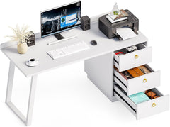 HAOYYE Computer Desk with 3 Drawers Spacious Home Office Workstation Sturdy E1 MDF Construction Stain Resistant Easy to Clean Multi-Function Desk for Gaming Vanity Writing with Elegant White Finish and Gold Pull Rings