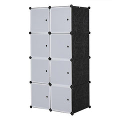 HAOYYE 8-Cube Modular Storage Organizer With Hanging Rod, White Doors And Black Panels, Durable Stackable Plastic Shelving, Space-Saving Closet Cabinet, Versatile And Multifunctional Storage Solution For Bedroom, Office, Living Room, And Home Organization