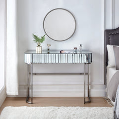 HAOYYE 39" Mirrored Makeup Vanity Table with Stainless Steel Base, Mirrored Console Dressing Table with 2 Drawers,Versatile Desk for Bedroom and Office, Silver