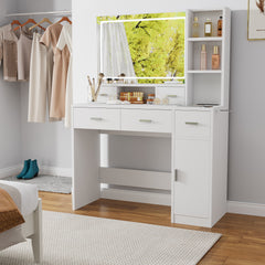 HAOYYE White dressing table with LED 3-color illuminated mirror and power outlet, dressing table with drawers, storage box and shelf, dressing table with bedroom cushioned stool
