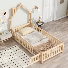 HAOYYE Twin House-Shaped Headboard Floor Bed with Fence ,Natural Sturdy Space-Saving Heavy Duty Modern Design Adults Dorm Room Easy Assembly Bedroom Furniture