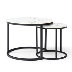 HAOYYE Set of 2 Round Nesting Coffee Tables with White and Gray Marble Pattern Tops and Black Metal Frame, Modern Industrial Accent Side Tables for Living Room Bedroom Apartment Office or Small Spaces