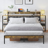 HAOYYE Queen Bed Frame with Storage, Platform Bed Queen Size with LED Lights and Charging Station, Dark gray velvet Headboard with Bookcase Shelves, No Box Spring Needed, Noise Free Sturdy Space-Saving