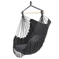 Haoyye Tassel Hanging Chair with Pillow Hammock Style Swing Seat with Decorative Fringe Comfortable Cotton Canvas Lounge Chair for Indoor Outdoor Use Ideal for Porch Balcony Backyard Garden Patio Relaxation