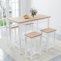 HAOYYE 5-Piece Kitchen Table Set with Four Bar Stools, Metal Frame and MDF Construction, White Oak Finish, Modern Space-Saving Design, Heavy Duty and Durable, Easy to Assemble