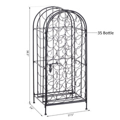 Haoyye Wrought Iron Wine Rack Cabinet with Lock, 35 Bottle Metal Wine Storage Holder with Vintage Scrollwork Design, Sturdy Freestanding Organizer for Kitchen, Dining Room, Home Bar, Space-Saving Modern Black Wine Shelf