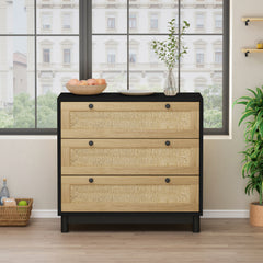 HAOYYE 3-Drawer Storage Cabinet with Rope Woven Drawers, Sturdy Black Design for Bedroom, Living Room, Dining Room, Hallways, Heavy Duty, Space-Saving, Durable, Easy Assembly, Stylish and Versatile Home Furniture