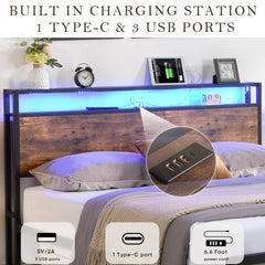 HAOYYE Full Size Bed Frame with Storage Headboard and 2 Drawers, LED Lights Bed with Charging Station, Metal Platform Bed No Noise, Mattress Foundation Strong Metal Slats Support No Box Spring Needed Sturdy