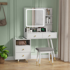 HAOYYE Vanity Dressing Table Set with LED Mirror Cabinet, 4 Drawers, 2-Tier Shelf, Three-Tone Dimmable Light, Pitted Particle Board with Melamine Finish, Solid Wood Legs with Copper Sheath, Modern Makeup Desk with Storage for Bedroom or Dressing Room