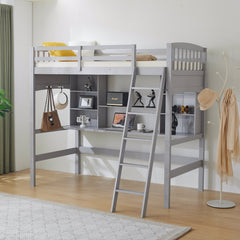 HAOYYE Loft Bed with Shelf & Desk, Inclined Ladder, Gray Twin Wooden Bed, Pine & Particle Board, Space-Saving Design for Kids, Teens, and Dorm Rooms, Sturdy Construction, Easy Assembly, Modern & Functional