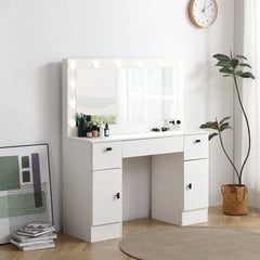 HAOYYE Vanity table with lighted mirror, vanity desk with 3 drawers and storage cabinet,3 color lighting modes adjustable brightness, white color with modern design, luxury style, durable material,.