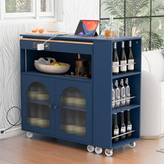 HAOYYE Navy Rolling Kitchen Island With Extended Table, LED Lights, Power Outlets, Fluted Glass Doors, Storage Compartment, and Open Shelves, Sturdy Space-Saving Design, Easy Assembly