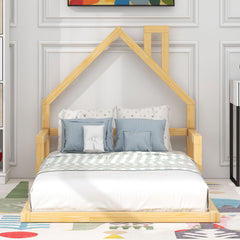 HAOYYE Twin Size Wood Floor Bed with House-shaped Headboard, Natural Sturdy Space-Saving Heavy Duty Modern Design Adults Dorm Room Easy Assembly Bedroom Furniture