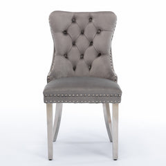 HAOYYE High-end Tufted Solid Wood Contemporary Velvet Upholstered Dining Chair with Chrome Stainless Steel Plating Legs,Nailhead Trim,Set of 2,Gray and Chrome, SW1701GY