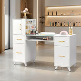 HAOYYE White Relief Nail Table with Tempered Glass Top Three Doors and Two Drawers Storage Manicure Desk Fanless Design Professional Nail Technician Station for Salon or Home Studio Use