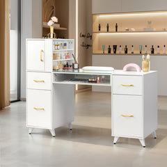 HAOYYE White Relief Nail Table with Tempered Glass Top Three Doors and Two Drawers Storage Manicure Desk Fanless Design Professional Nail Technician Station for Salon or Home Studio Use