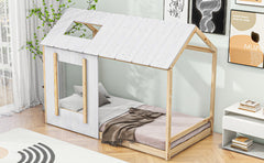 HAOYYE Twin Size House Platform with Roof and Window , White+Natural Sturdy Space-Saving Heavy Duty Modern Design Easy Assembly Durable Stylish Home Furniture Versatile